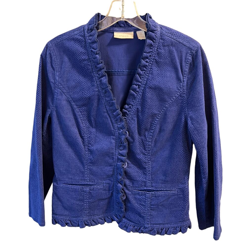 Chicos, Royal Blue textured, Ruffled V-neck Button Jacket, size 0
